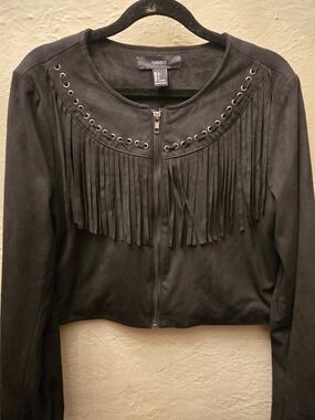 Forever 21 Black Fringe Cropped Jacket Top Western Boho Festival Goth Zip Up Siz